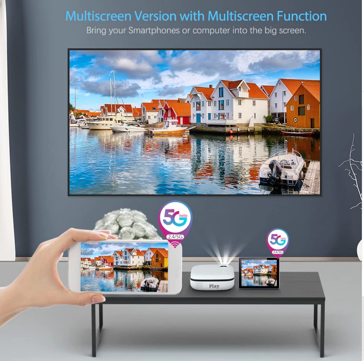 Play MP6 1080P Full HD Portable LED Projector – 300" Display, 4000 Lumens, WiFi, 3D, Dual Speakers & Remote | White/Black | 1-Year Warranty - Image 3